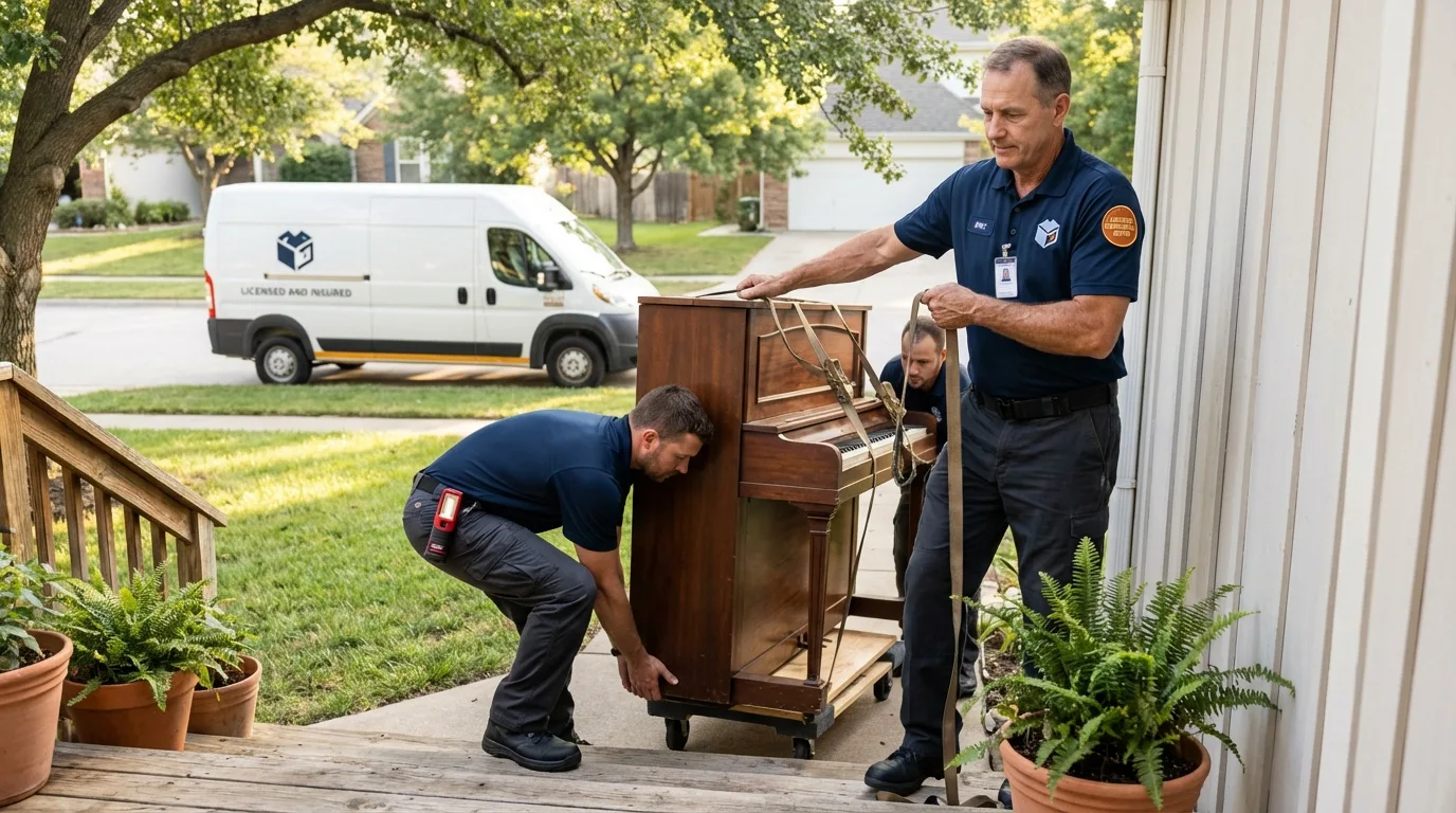 Licensed piano movers securing grand piano in Smyrna, DE